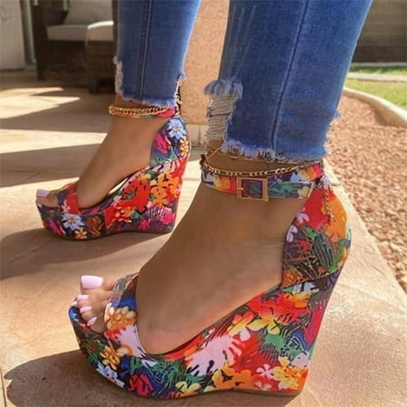 

Women‘s Floral Pattern Wedge Sandals Open Toe Platform Ankle Strap Sandals Women‘s Footwear