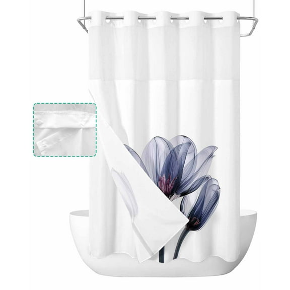 No Hook Shower Curtain with Snap in Liner, Abstract Ombre Blue Tulip Ray White Hotel Shower Curtains for Bathroom, Washable Shower Curtain Liner Set with Mesh Top Window, 36"x72"