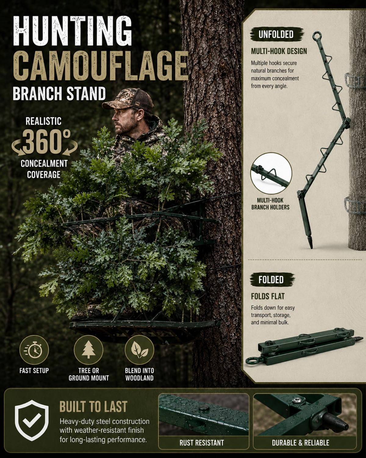 Hunting Concealment Branch Stand, Camouflage Branch Screening Holder with Realistic Oak Leaf Foliage, Tree Stand Blind Cover Camo Screen, Fast Setup Ground Tree Mount for Deer Turkey Hunting