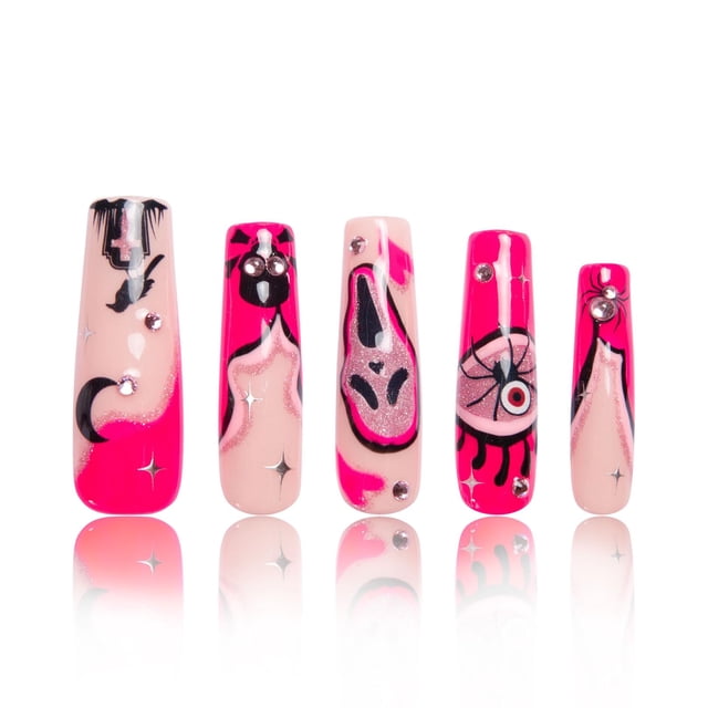 Presiona las uñas LOVFUL Pink Scream con cristales completos reutilizables