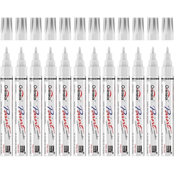Overseas Oil-Based Fine Tip Paint Marker Pen - 12 Pack White 0.9mm Fine Nib Permanent Markers, Quick Dry, Waterproof, Fade Resistant Paint Pens for Metal, Wood, Rock, Plastic, Ceramics, Rubber, Glass