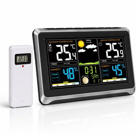 Weather Station 7.5 Large Color Display Weather Stations Wireless Indoor Outdoor Multiple Sensors with Atomic Clock Adjustable Backlight Forecast Data and Alarm Alert Black