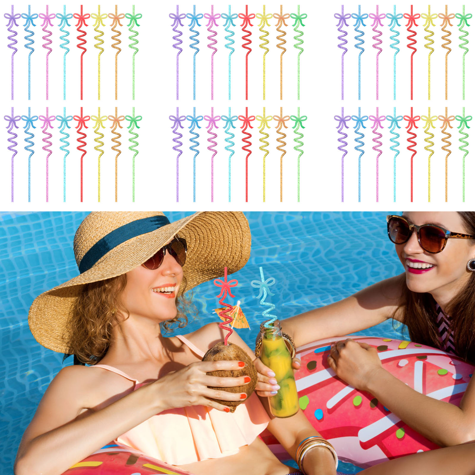 48 Pcs Colorful Straws Reusable Straws Thickened PET Spiral Detachable Bow for Parties