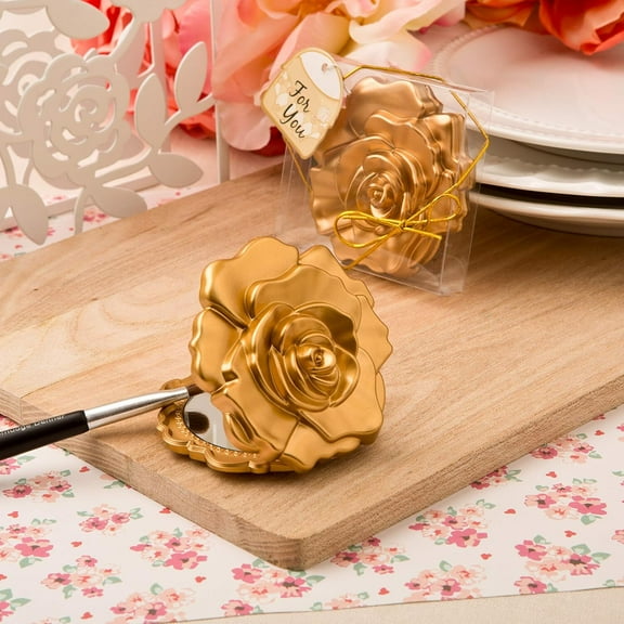 Ornate matte gold rose design compact mirror (12 pieces)