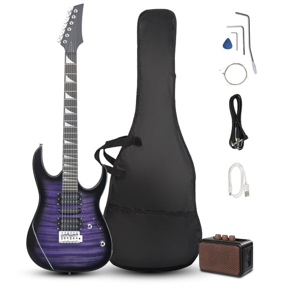 Ktaxon 39" Electric Guitar Kit, 170 Model Guitar, HSH Pickups, 5W Amp, Purple Tiger-Striped