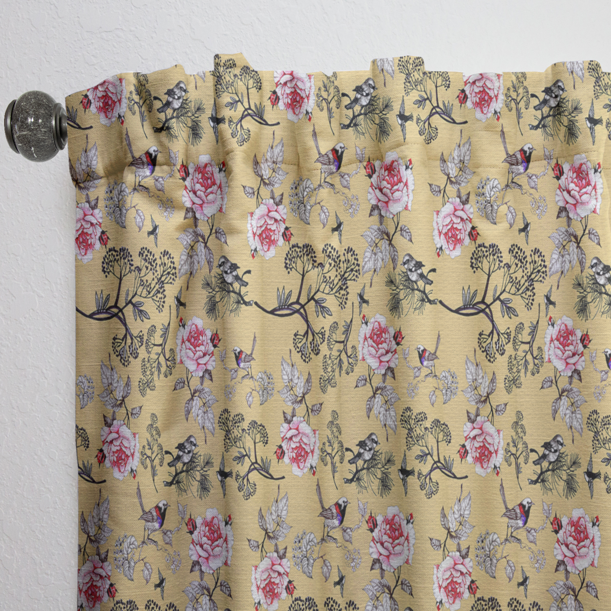 Designart 'Birds and Floral In Yellow' Floral Curtain Panel