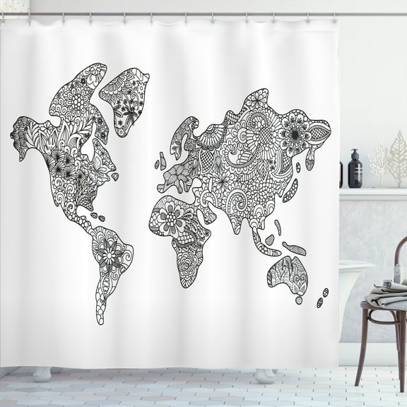 Ambesonne World Map Shower Curtain, Floral Continents, 69"Wx75"L, Black White