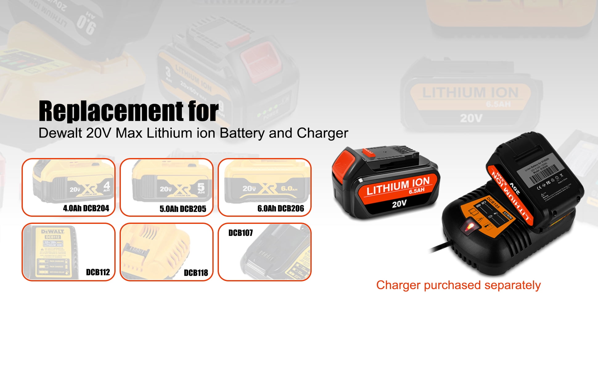 2 Pack 20V Max 6.5Ah High Capacity Battery DCB205-2 for DEWALT 20V Max XR Battery 6.0Ah DCB206-2 5.0Ah DCB205-2 4.0Ah DCB204-2 DCB200-2 20V Max XR Lithium Battery