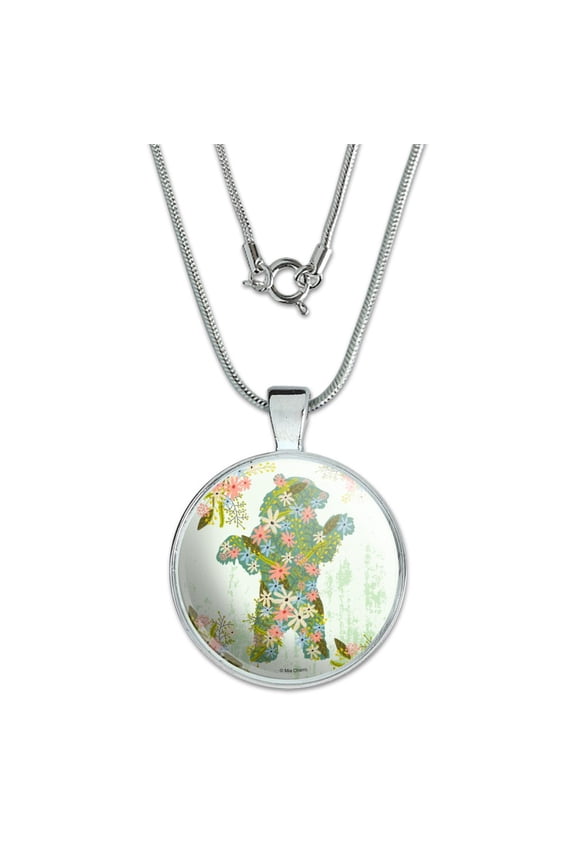 Flowery Floral Bear Silhouette 1" Pendant with Sterling Silver Plated Chain