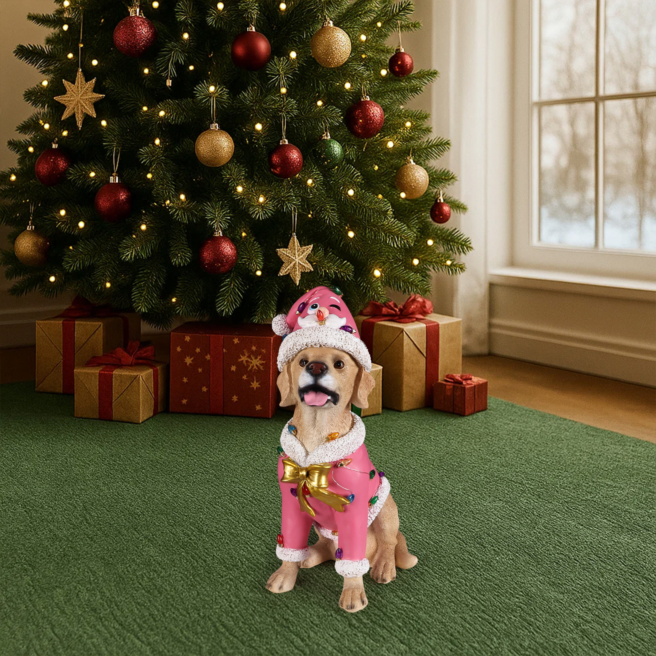 Noble House Christmas Labrador Retriever Statue, Cheerful Holiday Dog Figurine in Santa Outfit, Brown Fur & Pink Shirt