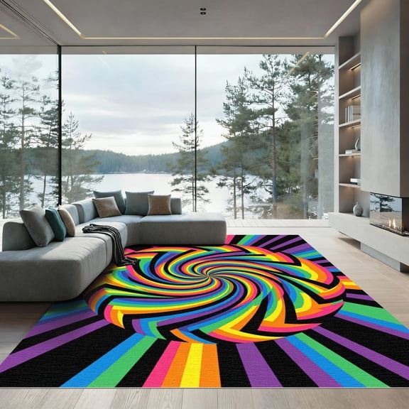 ODIKA 4'x6' Machine Washable Non-Slip Area Rug, Abstract Multicolor High Traffic Rug, Black, 1284852