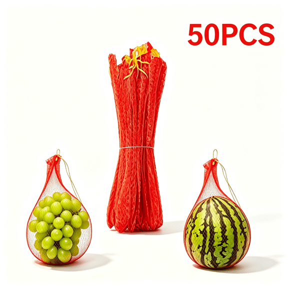 50 Pack Watermelon Netting Bags - Plastic Woven Drawstring Mesh Bags for Hanging Melons, Fruits, and Vegetables - Reusable Produce Storage Bags for Garden or Home Organization - 35cm Stretched Size