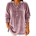 thumbnail image 2 of Hurxie Women's Fleece Shirt Solid Color Crew Neck Sweater, Loose Button Pullover Long-Sleeved Sweater Shirt Purple,S, 2 of 5