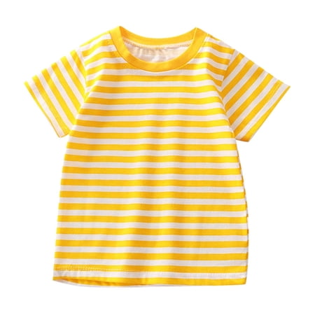 Efsteb 2-10 Years Toddler Kids Tops Boys Girls Stripe Print Shirts Summer Casual Sports Short Sleeve Round-Neck Blouses (Yellow 9-10 Years)