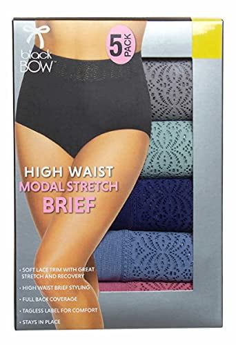 Black Bow Womens 5-Pack High Waist Brief with Lace (Gray Mist/Gull/Blue Print/Country Blue