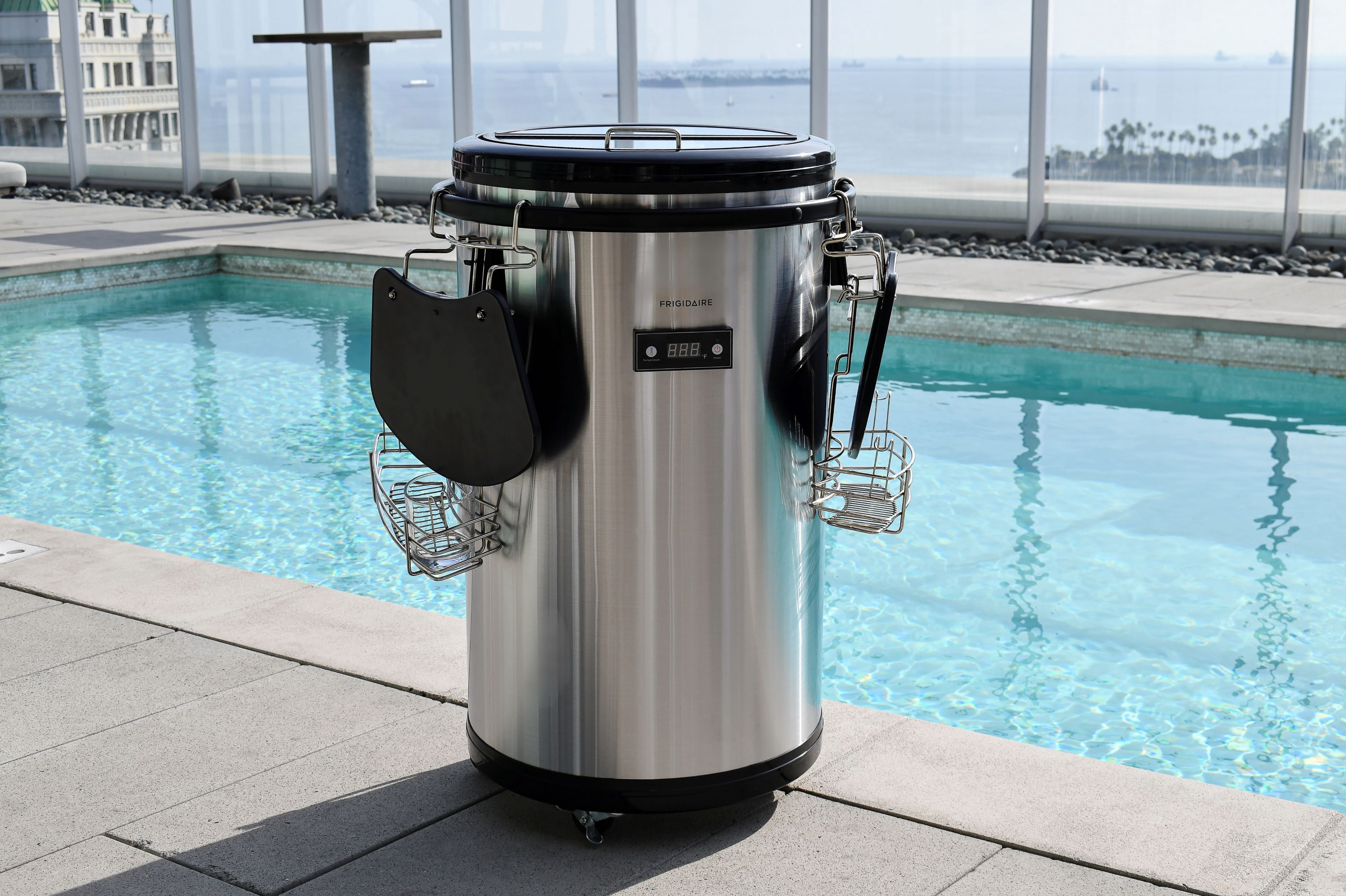 Frigidaire 85 Can Electric Party Cooler with Wheels, Digital Temperature Control, Cooler Cart for Parties, Events, Bar, Stainless Steel