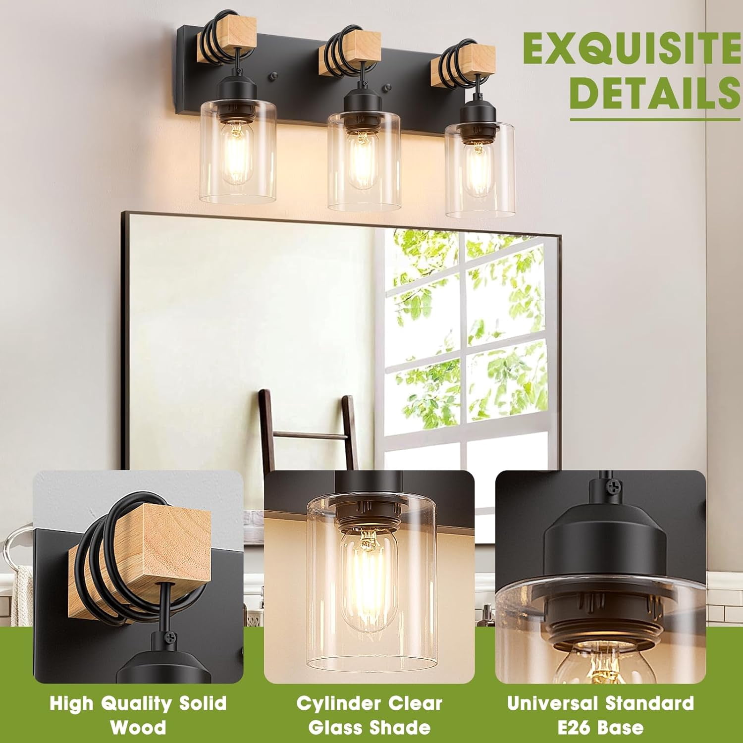 Farmhouse Bathroom Light Fixtures 3-Light Matte Black Bathroom Vanity Light Industrial Style with Clear Glass Shades Lighting Fixtures over Mirror for Bedroom, Living Room