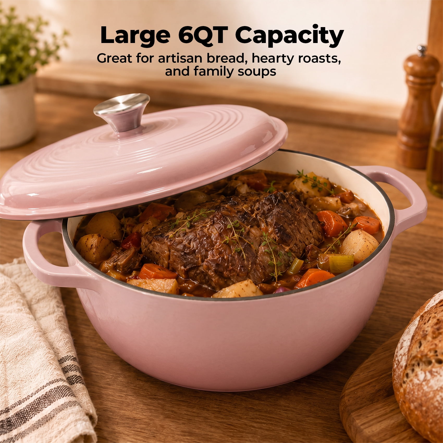 Alvantor Enameled Cast Iron Dutch Oven Pot with Lid-6Quart Non Stick Casserole Pot-Heavy Duty & Oven Safe up to 500° F for Bread Baking, Braising, Stews, Roasting