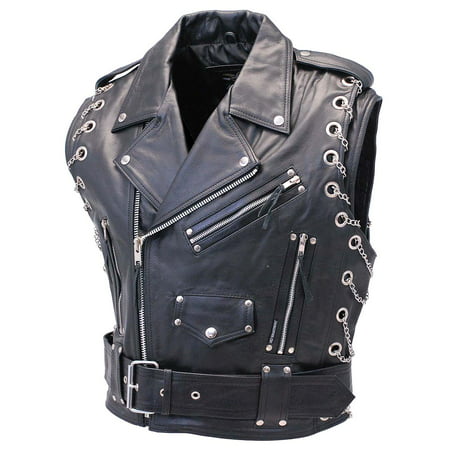 Chromed Out Leather Motorcycle Vest with Chains