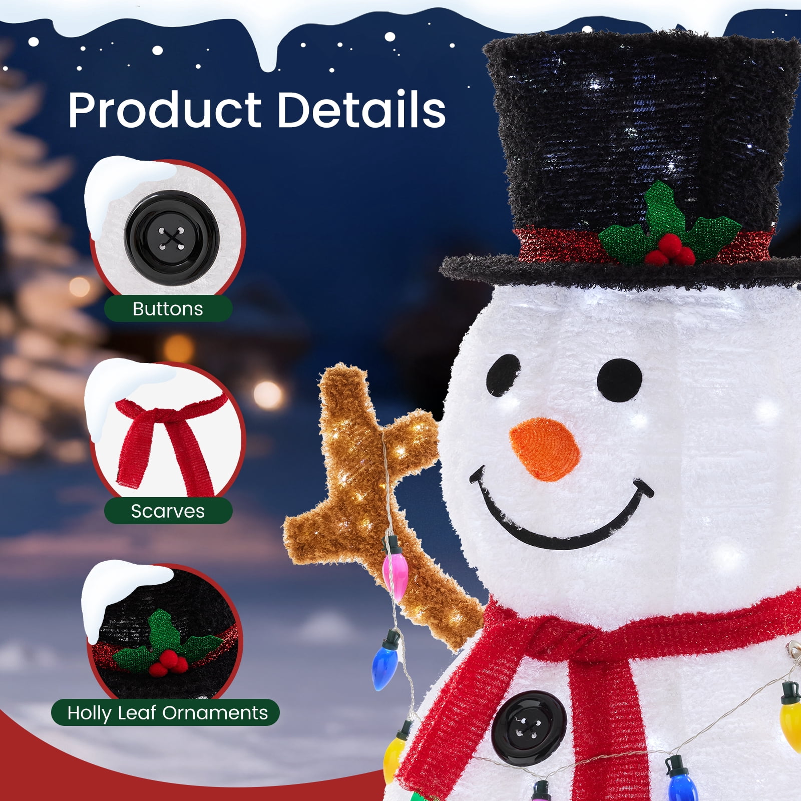 Gianna 5FT Lighted Pop-Up Snowman with 200 LED Lights, Hat and Scarf, Large Outdoor Christmas Holiday Decoration, Multicolored