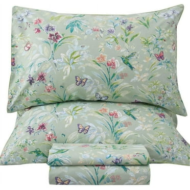 XYZ Green Floral Queen Size Sheet Sets - Green Flower Bird Butterfly Print Botanical Bedding Egyptian Cotton Printed Sheets Queen Size Bed Extra Soft and Breathable 17.5" Deep Pockets Bed Sheets 4pcs