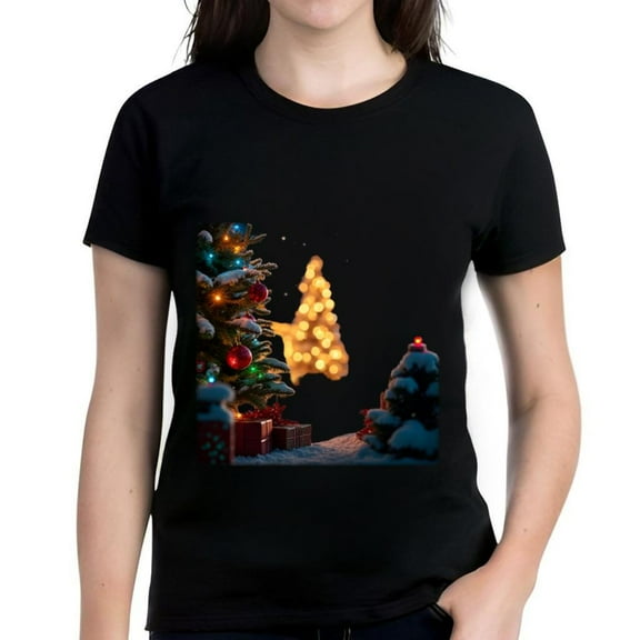 Festive Women's Cotton Short Sleeve T-Shirt - Christmas Tree & Ornaments Pattern Cozy Holiday Vibes Perfect for Seasonal Celebrations