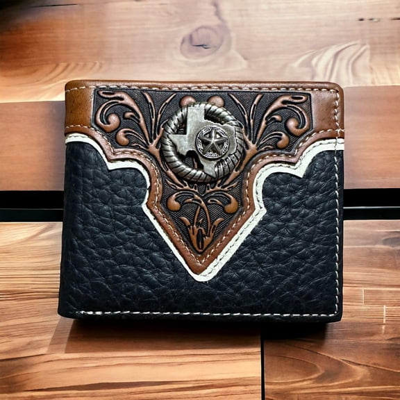 Mens Wallet Horse and Horseshoe Soft Black Leather Western Cowboy Bi Fold Mens Wallets Leather Western Texas Concho