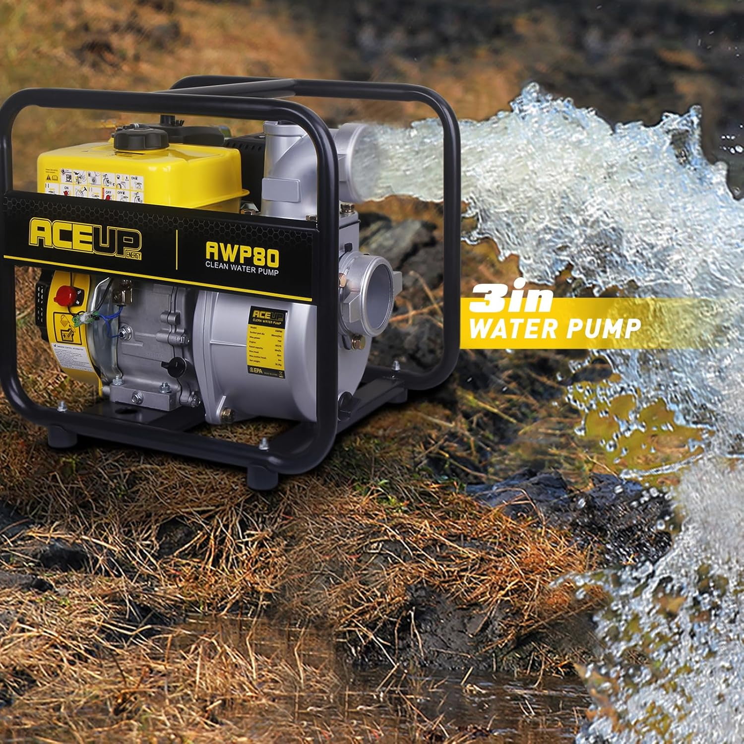Aceup Energy Gas Water Pump 3 Inch, 265 GPM 7HP 208cc Portable Irrigation Pump EPA Certified