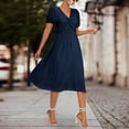 thumbnail image 2 of Robes d'Été pour Femmes Manches Courtes Bouffantes Robe Midi Unie Quotidienne devant Torsadé Col en V Décontractée Coupe Ample Robe Plissée, 2 of 7