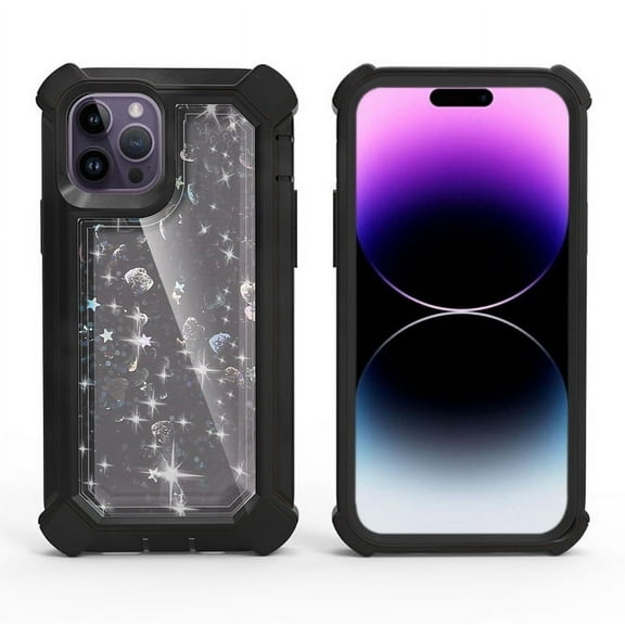 For Apple iPhone 14 Pro (6.1") Luxury Liquid Glitter 3in1 Sparkle Bling Quicksand Clear Heavy Duty Bumper PC Frame TPU Cover ,Xpm Phone Case [ Black ]