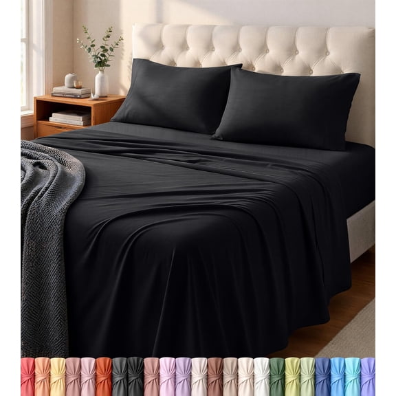 Jersey Knit 4 Piece Sheet Set King Size Black Cotton Blend Stretchable Fitted Sheet with 15 Inch Pocket