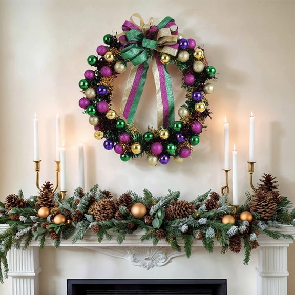19.6in Mardi Gras Wreath – Purple Green Gold Bauble & Glitter Bow Decor for Front Door, Mantel & Carnival Party Displays