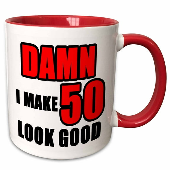 3drose, Damn I Make 50 Look Good Red, 11oz Two-tone Red Mug