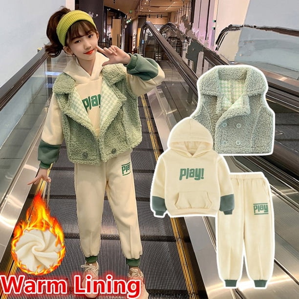 Chaleco cálido de invierno para niñas pequeñas, abrigo, sudaderas con capucha y pantalones, 3 piezas, traje deportivo de forro polar grueso para niños, ropa para adolescentes, chándales, 2023