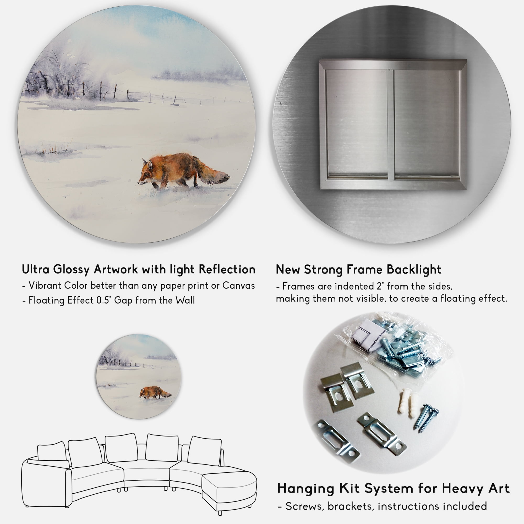 Designart 'Red Fox Running In White Snow in Countryside I' Farmhouse Circle Metal Wall Art 23x23 - Disc of 23