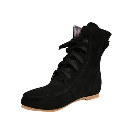 

Lyinloo Women Fashion Lace-up Flat Heel Short Boots Pointed Toe Warm Snow Boots Black 40