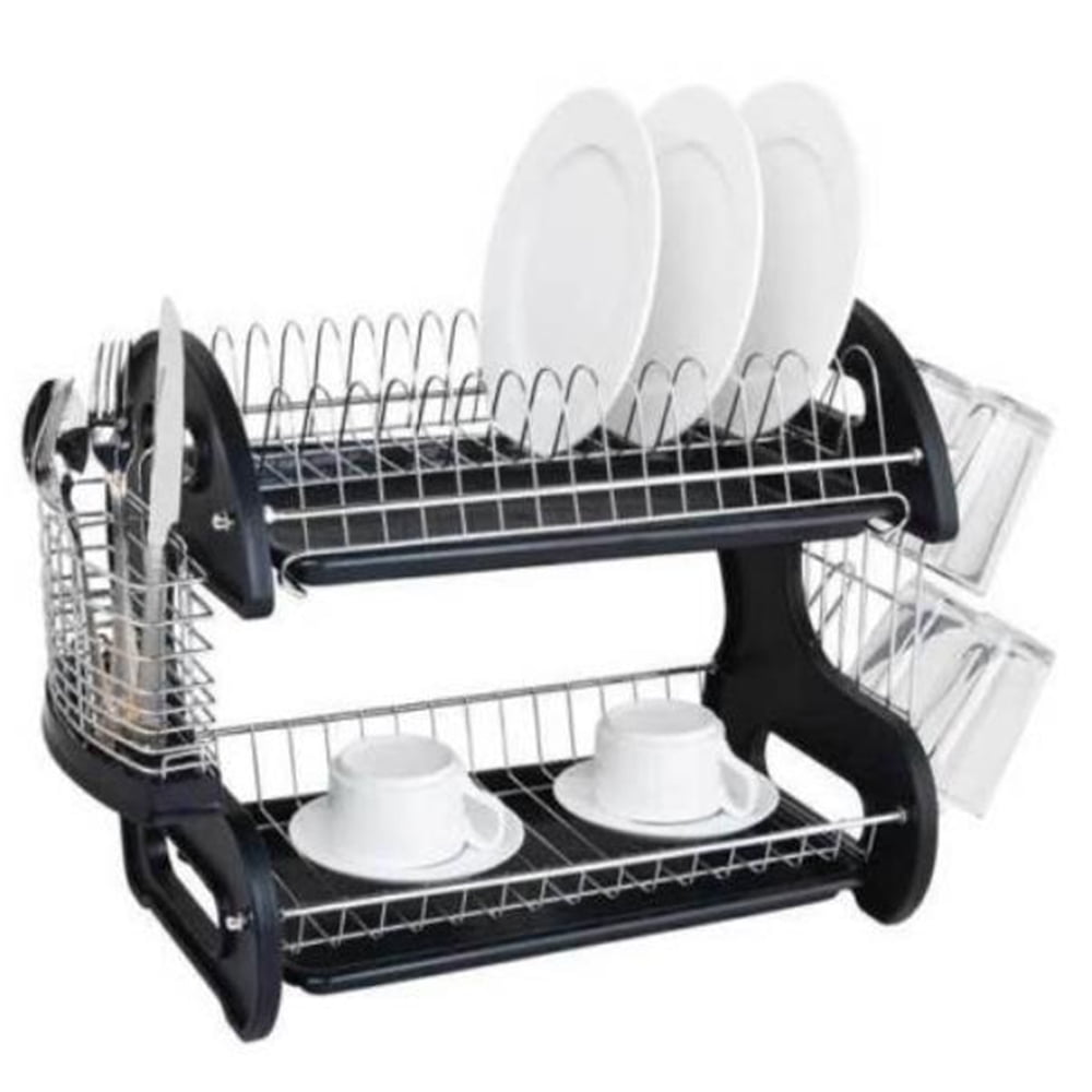 FurnitureXtra Stainless Steel Dish Drainer with Drip Tray and Cutlery Holder 2 Tier Green