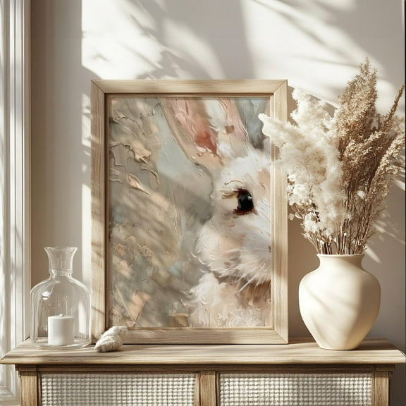 Blush Spring White Bunny Vintage Easter Wall Art Print Abstract Rabbit Poster Canvas Painting for Living Room Bedroom Dorm Decor Unframed