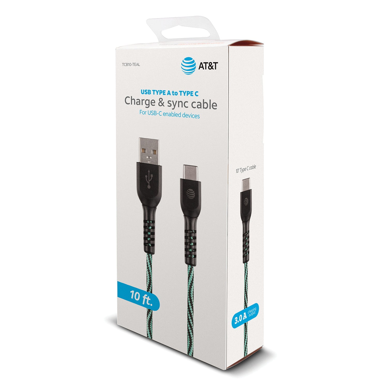 AT&T TCB10TEAL 10Foot Charge And Sync USB To TypeC Cable (Green
