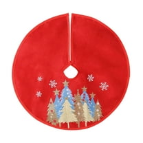 Honmine Red Canvas Christmas Tree Skirt 48 Inch, Gold Glitter Trees and Snowflakes Print, Xmas Rustic Farmhouse Holiday Party Tree Mat Decor