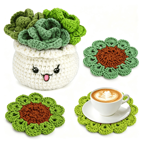 TUWAFE Crochet Kit for Beginners,3Pcs Coasters Potted Plants Crochet Starter Kit for Beginners Adults,Knitting Kit with Step-By-Step Video Tutorials and Crochet Yarns for Diy Christmas Decoration
