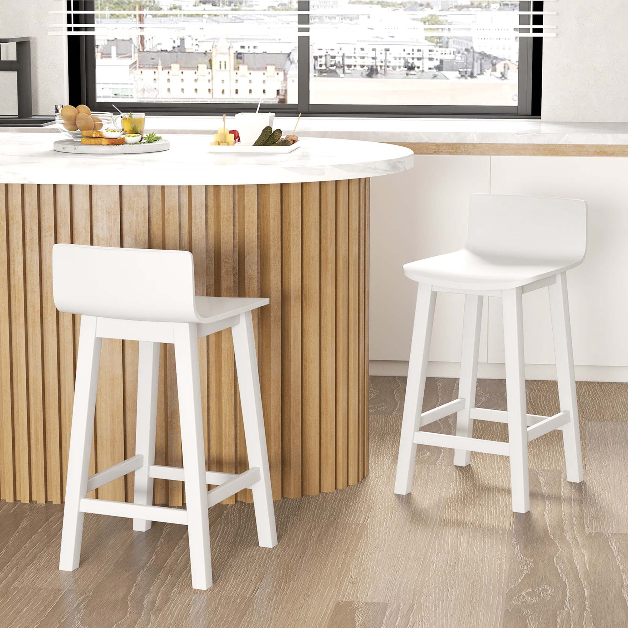 Costway 24.5" Wood Bar Stools Set of 2 with Solid Back & Seat Mid Century Bar Chairs White
