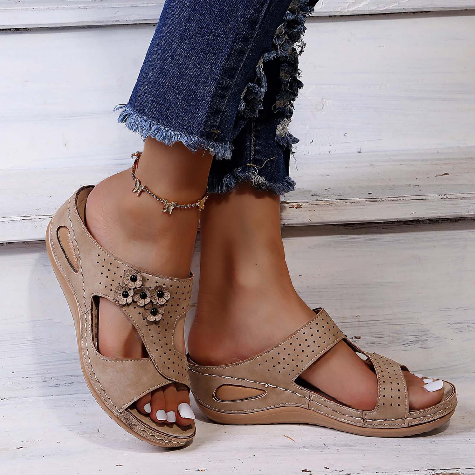 TopLLC Women s Summer Slides Sandals Casual Bohemia style Wedge Shoes Comfortable Ankle Strap Outdoor brown sandals for women Platform Sandals Sandals for Women Dressy Summer Walmart