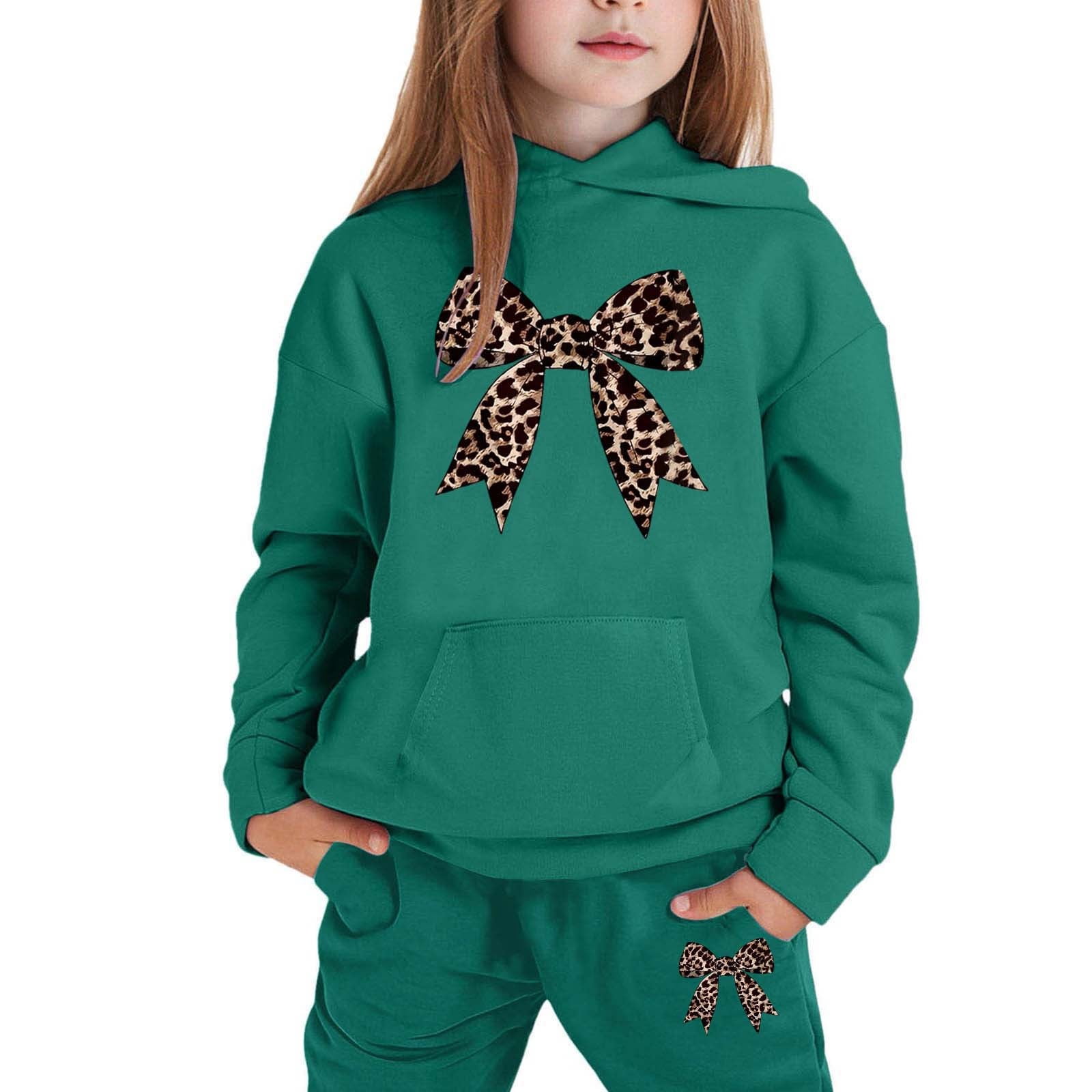 Tween Outfits for Girls Sets Winter Hoodie Joggers Comfy Casual Kids Print Fall Girls Clothing Sets Dark Green Size 10-11T