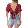 thumbnail image 3 of INSPIRE CHIC Boho Tie Front Crop Tops for Women's Textured Short Bell Sleeve Deep V Neck Beach Clothing XS Claret, 3 of 6