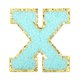 thumbnail image 1 of Parches de planchar con letra Uxcell, parches iniciales de chenille de 2.2" Letra-X con borde dorado, aplique de bordado con adhesivo para reparación y decoración de ropa, Azul Agua, 1 of 7