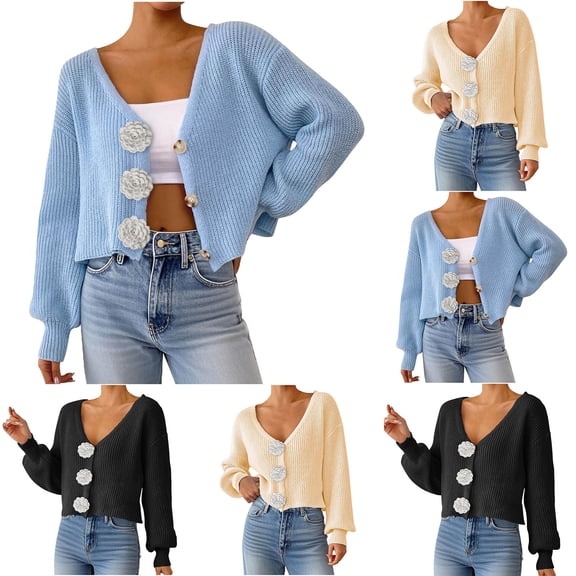yoeyez Cardigan Sweaters for Women Long Sleeve Open Front Cropped Cardigan Fall Buttons Knitted Cozy Outerwear Flower Cardigans Beige,S