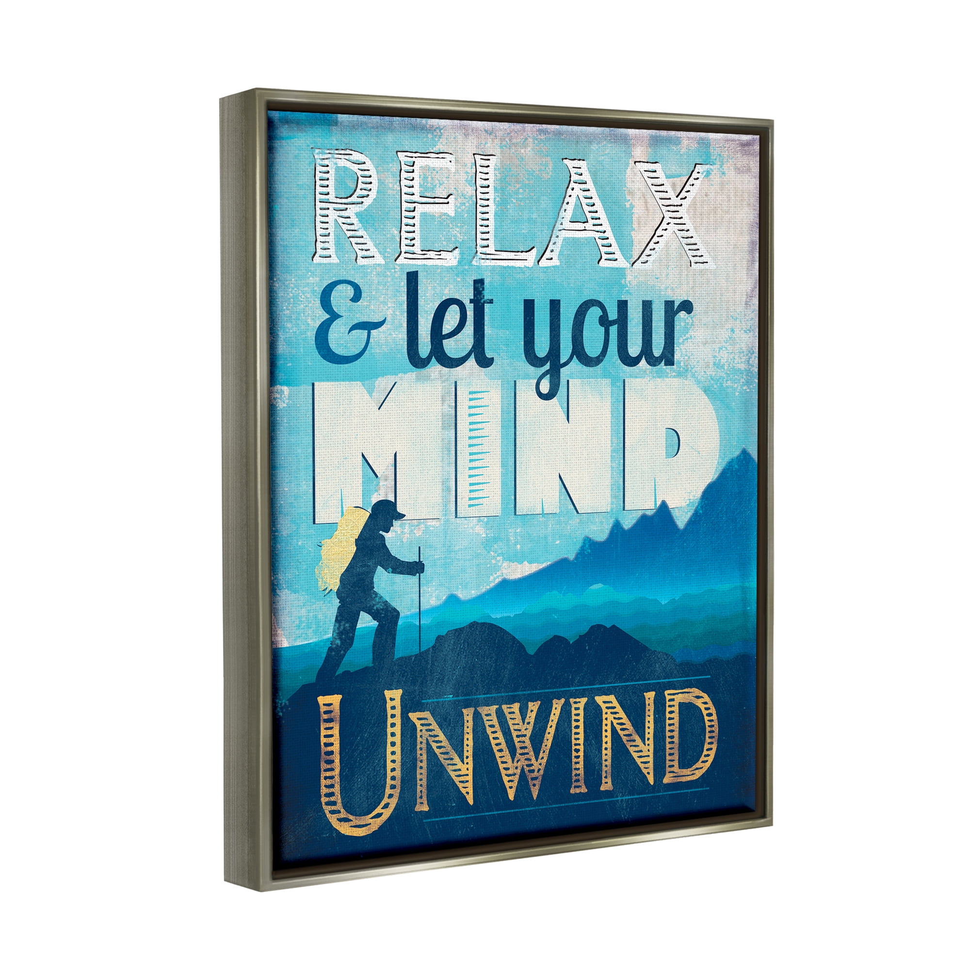 Stupell Industries Unwind Hiking Nature Inspirational Painting Gray Floater Framed Canvas Art Print Wall Art, 17 x 21