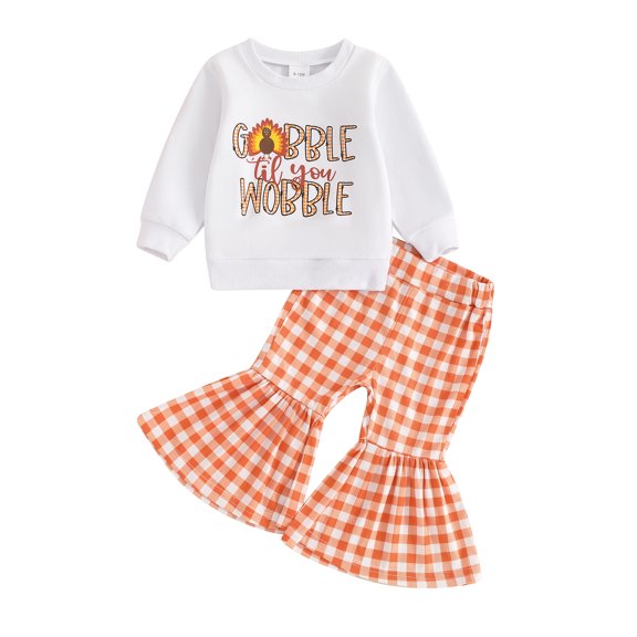 Toddler Baby Girl Thanksgiving Outfits 6 12 18 24 Months 2T 3T 4T Letter Turkey Print Crew Neck Long Sleeve Sweatshirts and Plaid Flare Pants 2Pcs Clothes Set