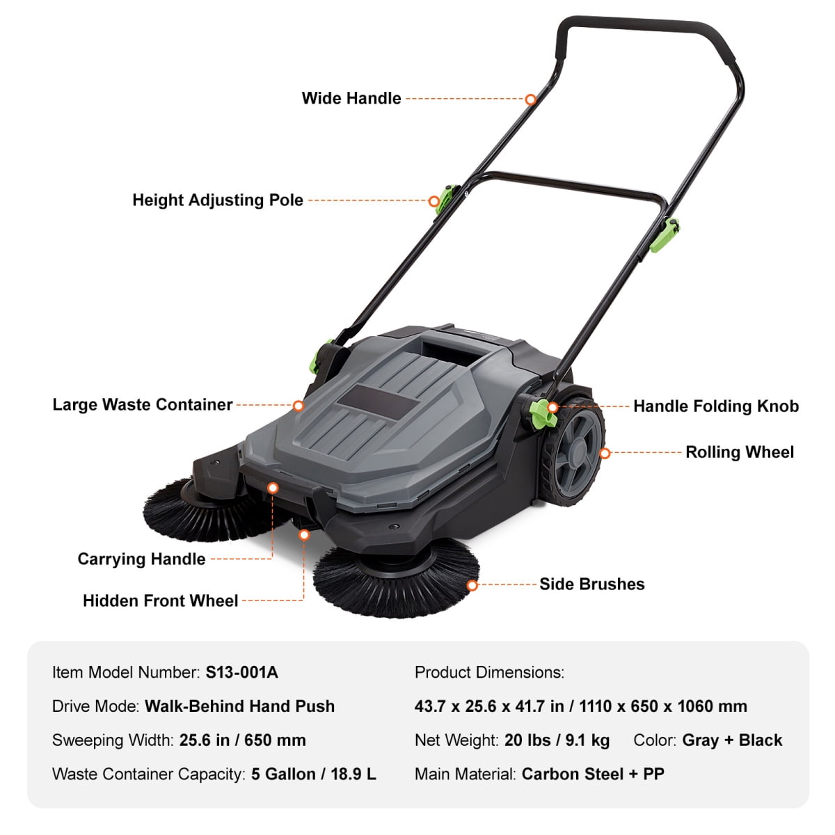 ZHICHUN  25.6 Inch Walk Behind Hand Push Floor Sweeper Manual Non Electric 5 Gallon Waste Container Adjustable Folding Handle For Walkway Yard Garage Patio